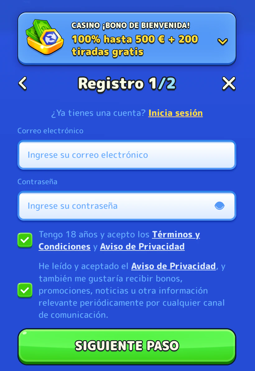 Formulario de registro y creación de cuenta en Pistolo Casino